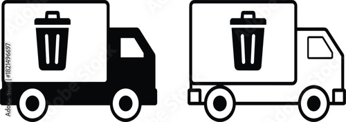Set of Garbage Truck Icons, Outline and Glyph Styles, Waste Management Disposal Junk Removal Service Symbol, Monochrome Vector Graphic Clipart