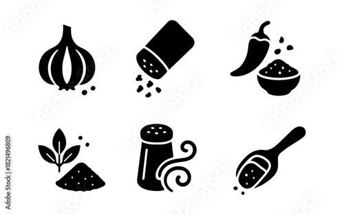 Set of spice and herb icons in black silhouette style