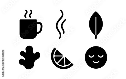 Minimalist icons of coffee mug, steam, leaf, ginger, citrus, relaxed face