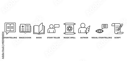 storytelling banner icon concept with icon of storytelling, magic book, book, storyteller, magic spell, author, visual storytelling, and script







