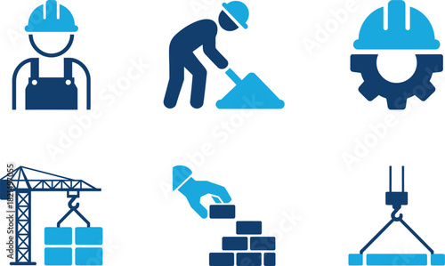 Engineer work vector icon set. Maintenance by technician and construction worker symbol concept