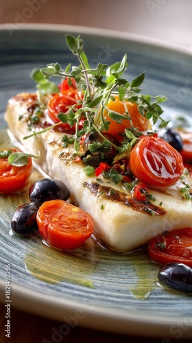 Grilled Fish With Cherry Tomatoes and Herbs Served on a White Plate Outdoors