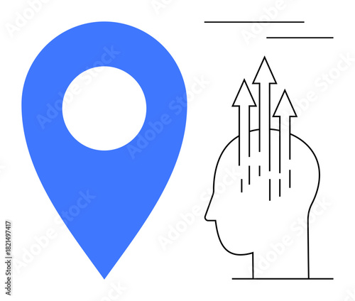 Location concept. Location by a large map pin and its connection to human thought by arrows creativity and innovation. For navigation, planning, brainstorming, decision-making, education projects