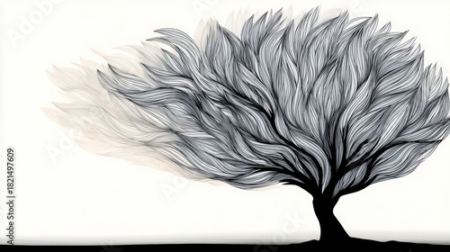 Tree with a lot of branches and leaves is shown in black and white. The tree is very tall and has a lot of branches