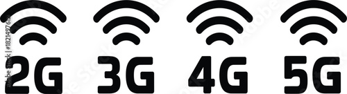 Set of Four Mobile Network Icons, 2G 3G 4G 5G Technology Generations Symbols, Wireless Telecommunication Connectivity Vector Glyph Graphic
