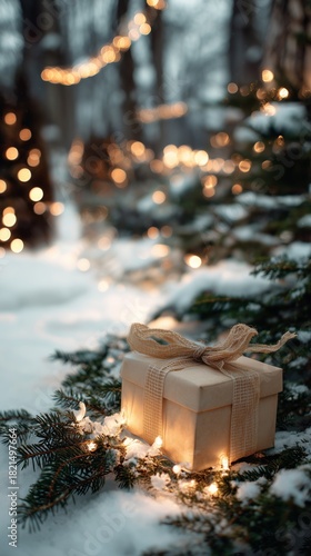 Gift Wrapped in Soft Fabric Sits Among Glowing Lights in a Serene Outdoor Set...
