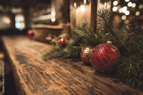 Holiday Decorations on a Wooden Table in a Cozy, Warmly Lit Setting During Wi...