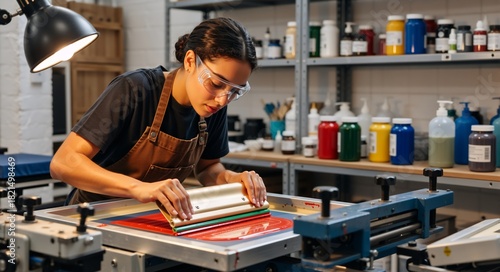 Female artisan working in a screen printing studio. Young woman using a squeegee to apply red ink on a frame. Small business manufacturing concept