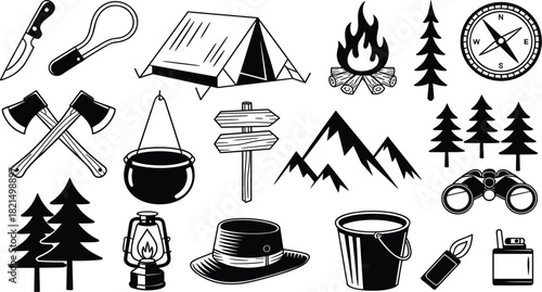 Set of Camping and Outdoor Adventure Icons, Monochrome Graphic Collection, Nature Survival Gear and Exploration Hiking Equipment Vector Clipart