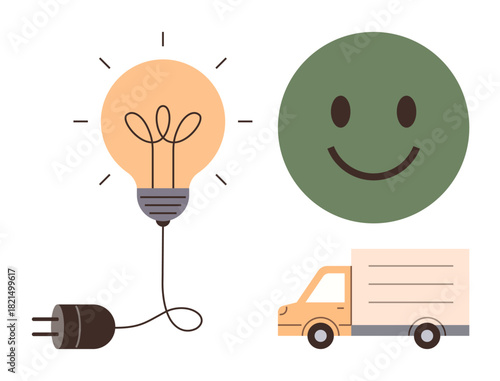 Light bulb connected to a plug, smiling green face, and delivery truck. Ideal for creativity, innovation, energy, sustainability, logistics positivity and teamwork. Simple flat metaphor