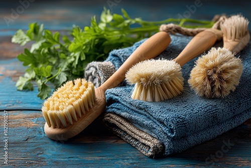 Brushes, Towels, and Fresh Herbs on Blue Wooden Table in Cozy Kitchen Setting