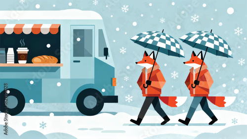 Illustration Of A Fox Carrying An Umbrella Walking In A Coffee Shop Car During The Snow Season Vector Design Template