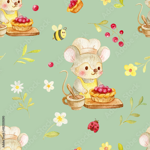 Cute seamless pattern with a little chef mouse baking berry pies, surrounded by flowers, bees and ladybugs. Soft watercolor style perfect for kids’ textiles and nursery designs