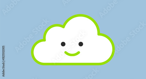 Smiling cloud illustration with happy face and green outline on blue background.