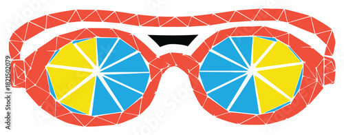 Geometric Low Poly Sunglasses with Red Frames and Segmented Blue and Yellow Lenses on a Transparent Background