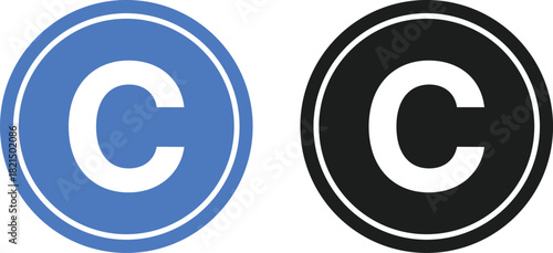Copyright Symbol Icon Set. Authorship Indicator and Digital Rights Interface Glyphs. Circle C Symbol and Commercial Licensing Icon Collection