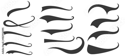 Baseball swoosh and swash tails set. Sports swash shape set, text underlines for baseball design. Kit of font elements in retro style for athletics, baseball. Swirl stroke swish underline shape Vector
