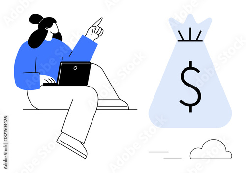 Woman working on laptop pointing at large money bag with dollar sign. Conceptual themes include financial planning, digital economy, online income, business success, and investments. Ideal