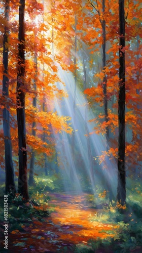 Bright Sunlight Filters Through Orange and Yellow Trees in a Serene Autumn Fo...