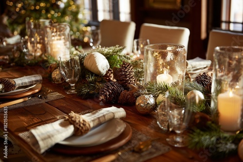 Holiday Decorations on a Wooden Table in a Cozy, Warmly Lit Setting During Wi...