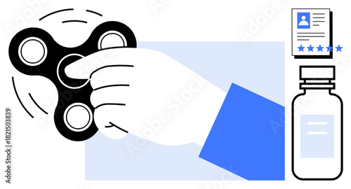 Hand spinning fidget spinner, user profile with reviews, and medical bottle combining stress relief, identity verification, and healthcare themes. Ideal for focus, wellness, productivity, mental