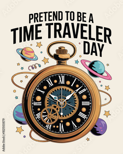 Pretend to Be a Time Traveler Day with Timepiece and Cosmic Design