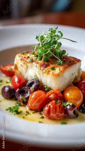 Grilled Fish With Colorful Roasted Tomatoes and Herbs in a Gourmet Presentation