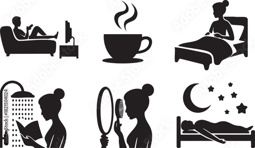 Black silhouette icons depicting daily activities like watching television reading showering and sleeping