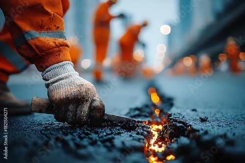 Road worker repairing asphalt surface with hot tar