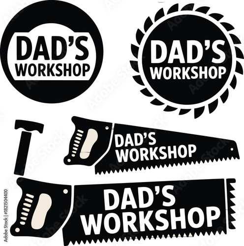 Black and white graphic logos and tools for dads workshop concept vector