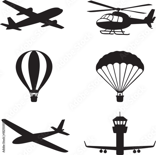 Black silhouettes of airplane helicopter hot air balloon parachute and airport control tower vector