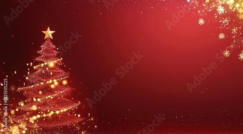 Red Christmas background with glowing tree, golden lights and festive elements, idea for holiday cards and seasonal designs