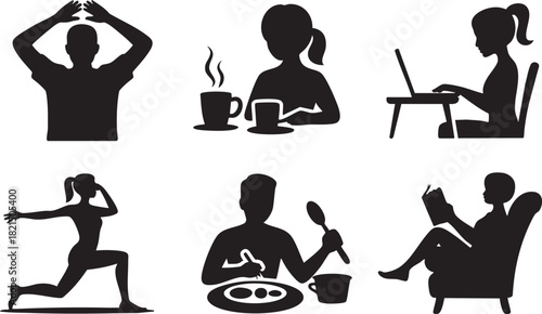 Black silhouettes of people engaged in various daily activities like exercise and leisure person