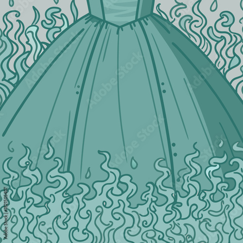 Teal dress with swirling flames and water droplets