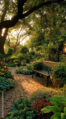 Serene Garden Pathway With Lush Plants and a Cozy Bench During Golden Hour
