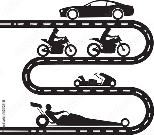 Black silhouettes of vehicles and riders on a winding road graphic transportation highway