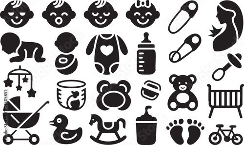 Collection of black baby and pregnancy icons on white background child infant