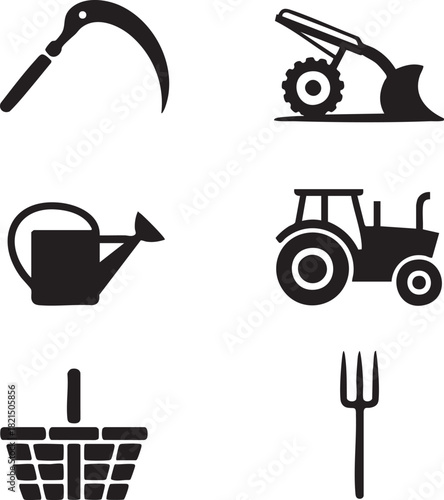 Collection of black silhouette icons representing farming and gardening tools and equipment agriculture