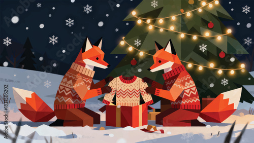 Illustration Of Two Foxes Wearing Knitted Clothes Opening Presents Under A Christmas Tree Vector Design Template