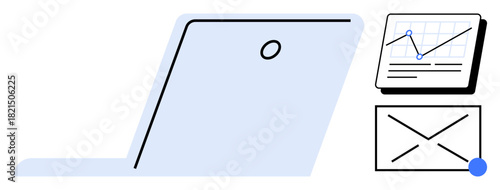 Open laptop with a graph on a document and an envelope representing analytics, email notifications, and productivity. Ideal for business, workflow, communication, management, analysis, digital tools