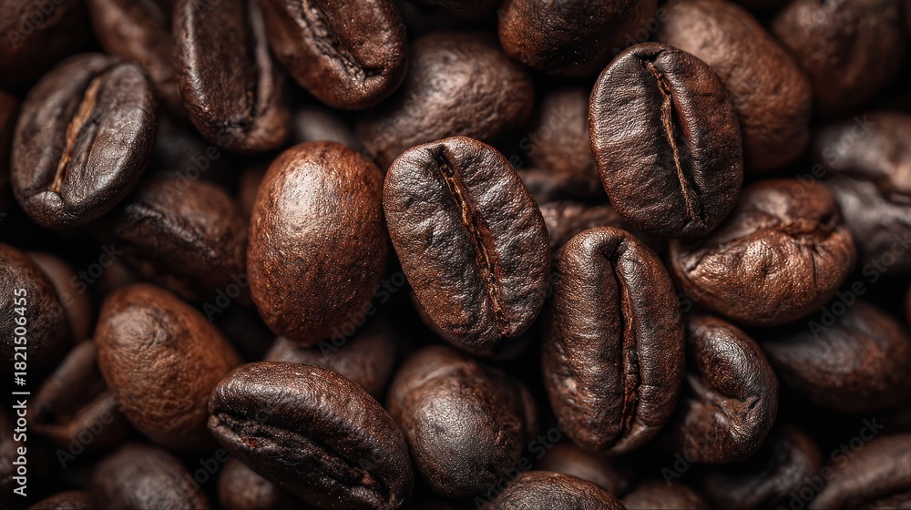 Naklejka premium Close-up of Roasted Coffee Beans - Aromatic and Rich Texture.