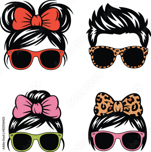 Four stylized cartoon faces with black hair sunglasses and bows illustration graphic