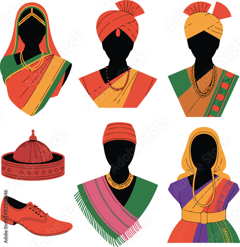 Indian traditional clothing and accessories in silhouette with vibrant colors vector