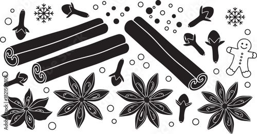Black and white Christmas spices seamless pattern with gingerbread man