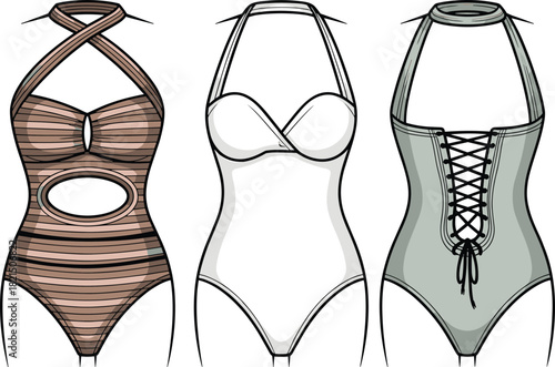 Stylish women’s one-piece swimsuits, fashion flat illustration, halter, lace-up, cutout designs for summer beachwear