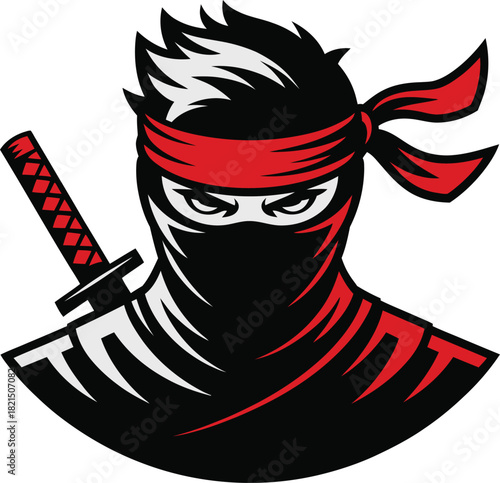 Ninja warrior with red headband and katana sword handle illustration
