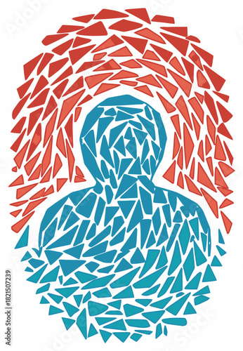 Abstract Human Silhouette Broken into Blue Shards Surrounded by Red Fragmented Pieces on a Transparent Background