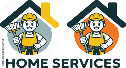 Reliable home services logo design featuring friendly handyman ready for cleaning and maintenance tasks