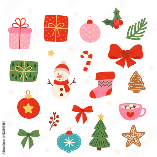 set of isolated doodle Christmas decorative icons