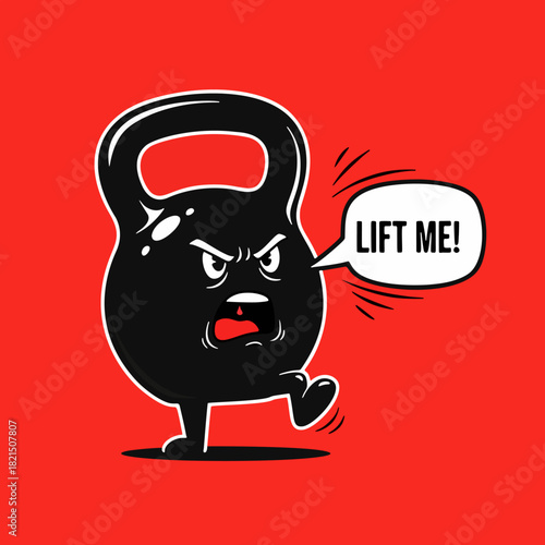 Angry kettlebell cartoon character shouting Lift Me